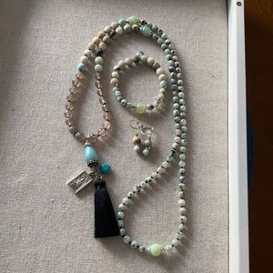 New Mala Prayer Necklace, Bracelet & Earring Set Buddha Pendant & Tassel